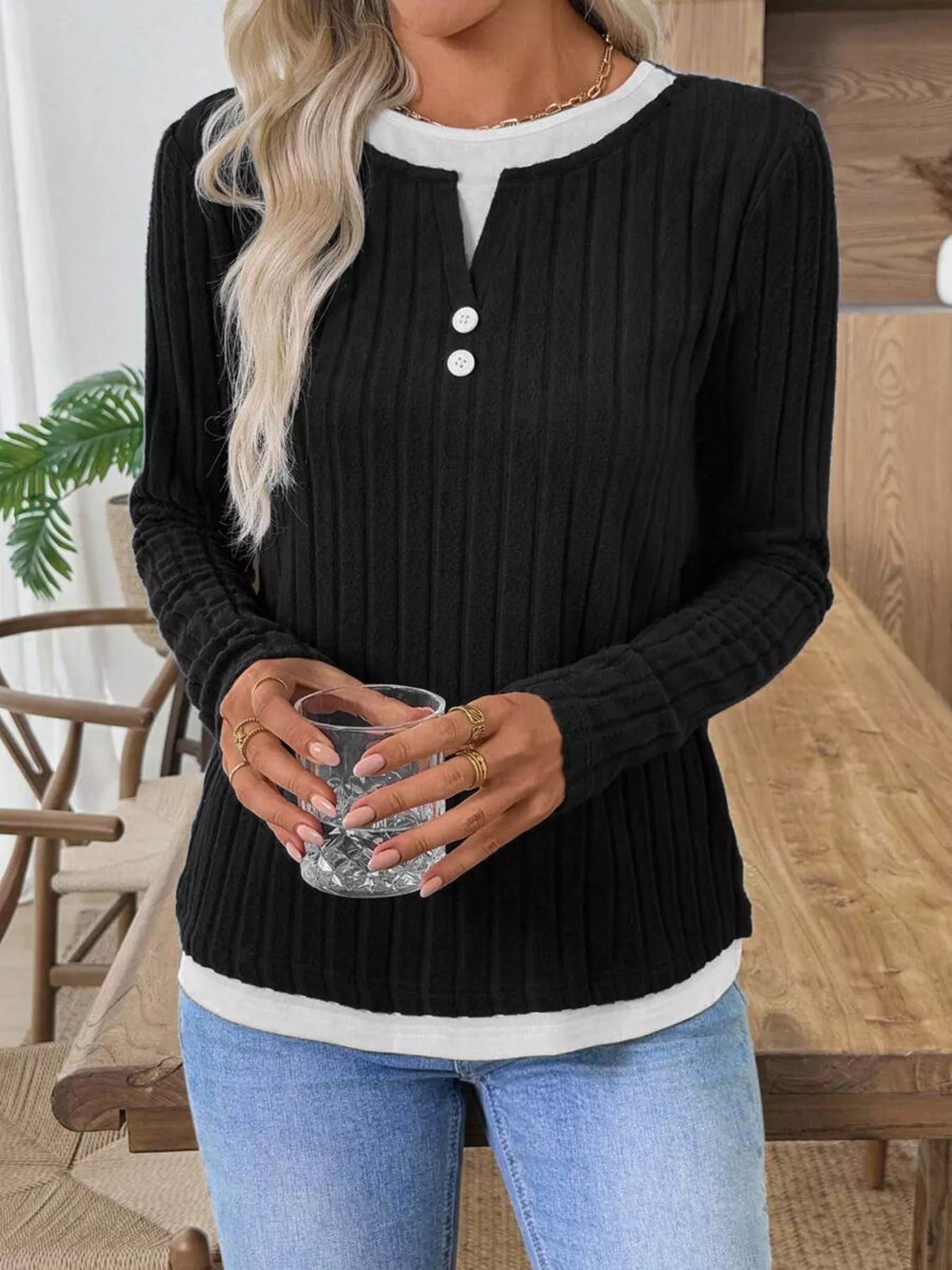 Ribbed Knit Button Detail Contrast Sweater (21)