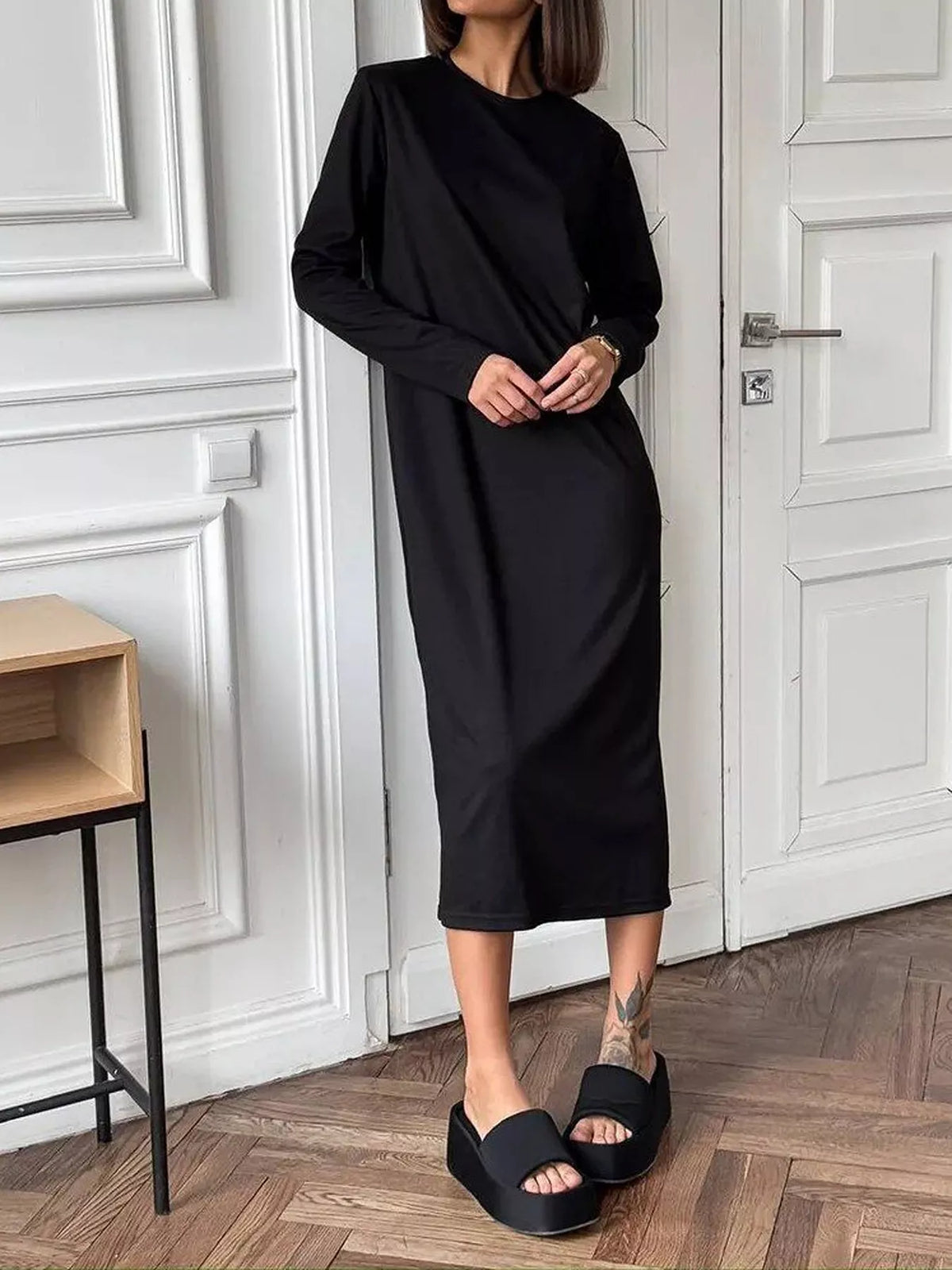 Round Neck Long-sleeve Midi Dress (20)
