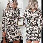 Geometric Pattern Long Sleeve Printed Round Neck Hip Skirt photo 2