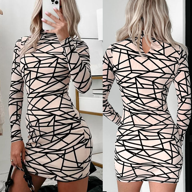 Geometric Pattern Long Sleeve Printed Round Neck Hip Skirt photo 2