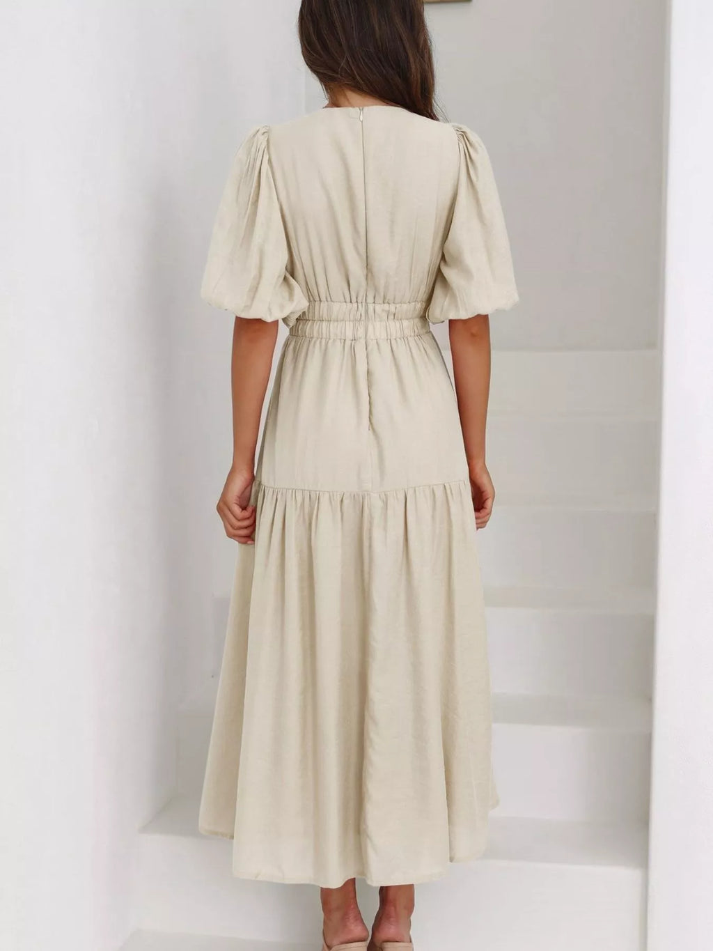 V-neck Puff Sleeve Midi Dress (19)