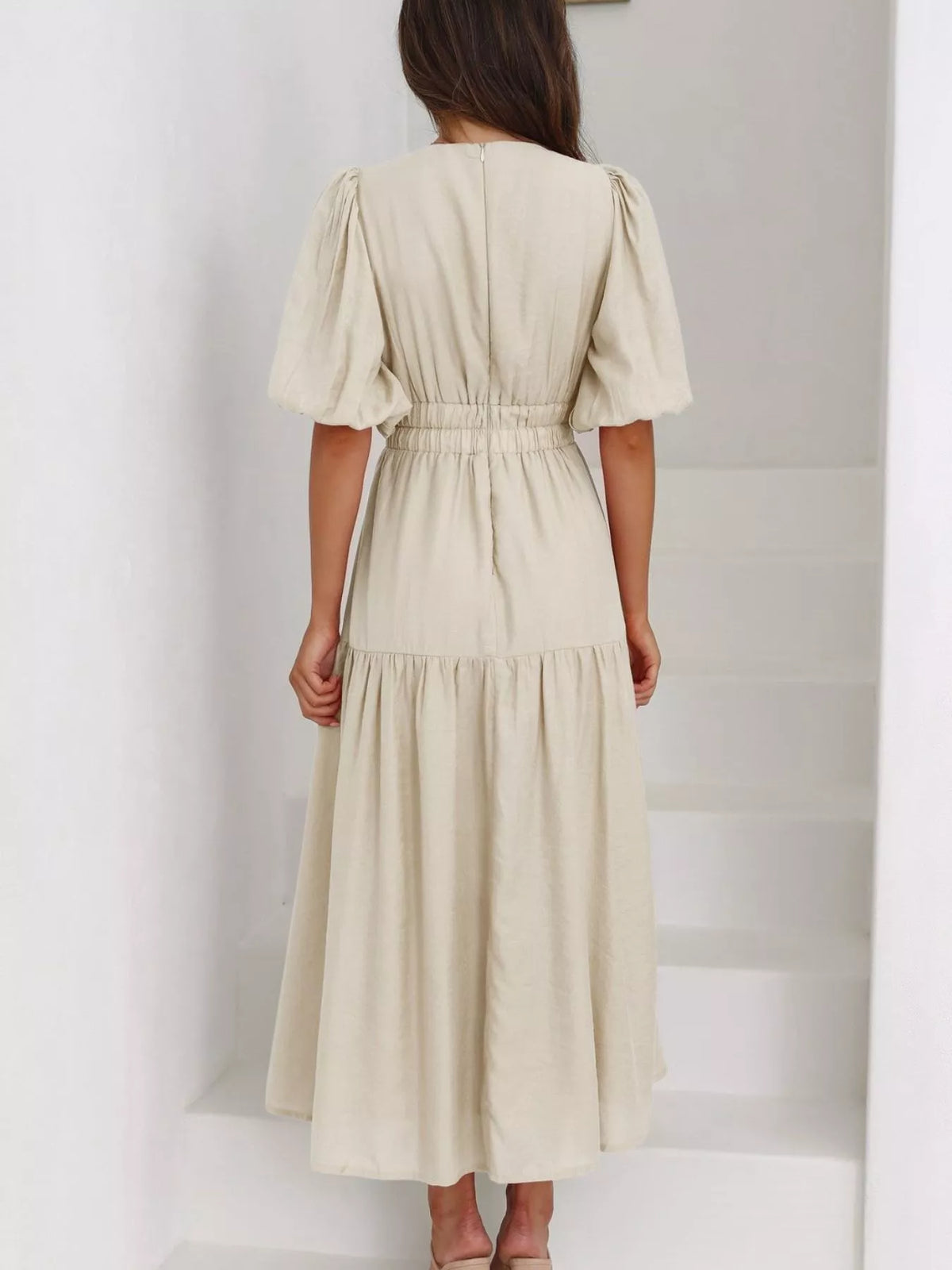 V-neck Puff Sleeve Midi Dress (19)