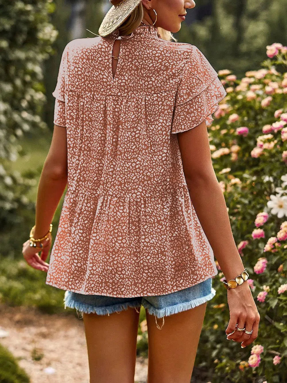 Printed Ruffle Sleeve Babydoll Blouse (20)