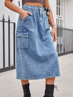 Slit Buttoned Denim Skirt Pockets (4)