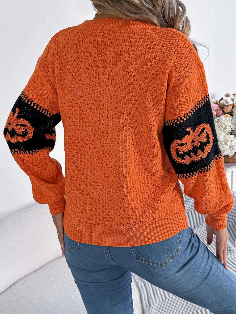 Pumpkin Round Neck Long Sleeve Sweater (3)