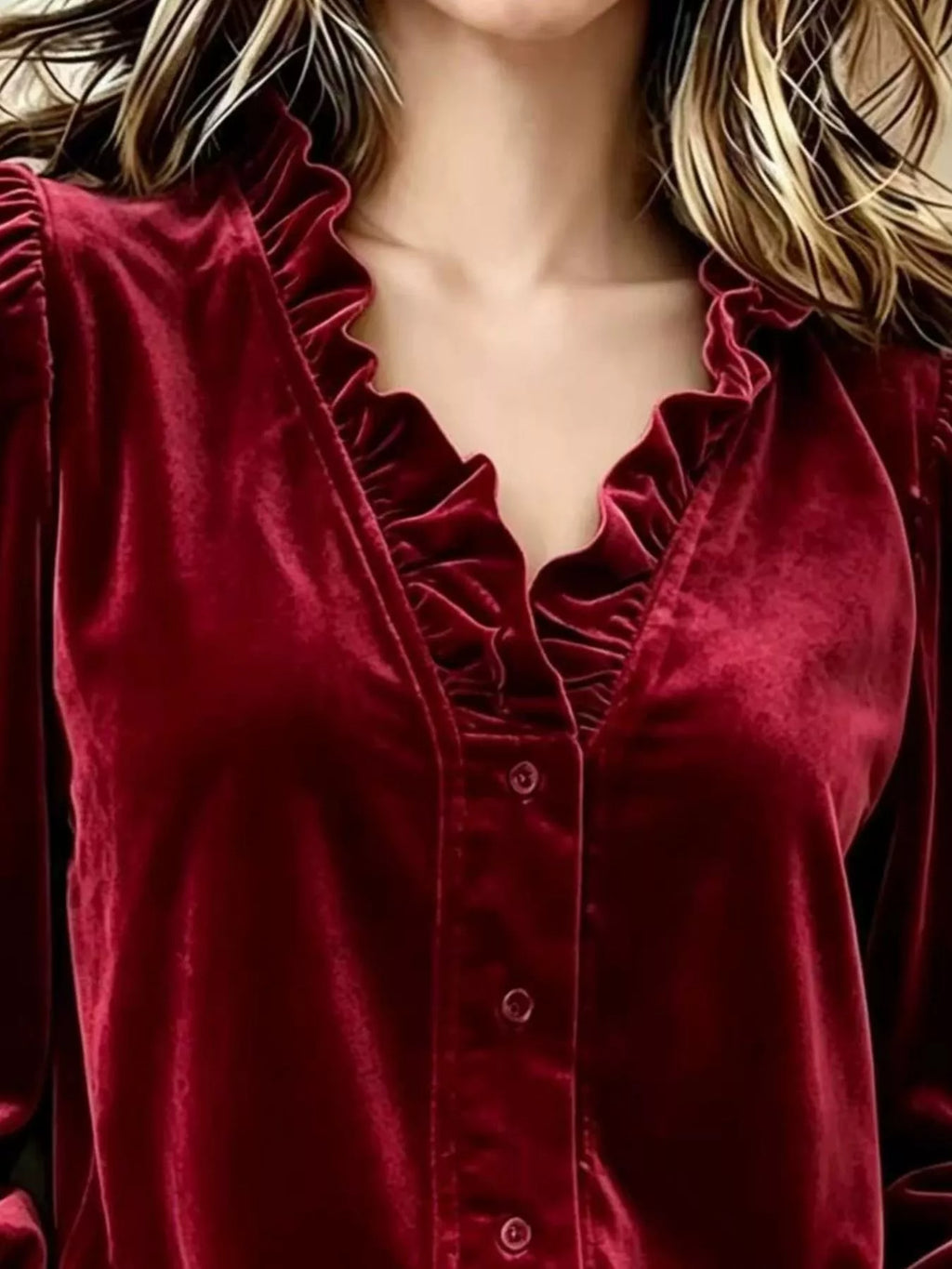V-neck Ruffled Velvet Button Down Blouse (8)