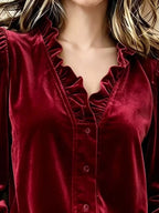 V-neck Ruffled Velvet Button Down Blouse (8)