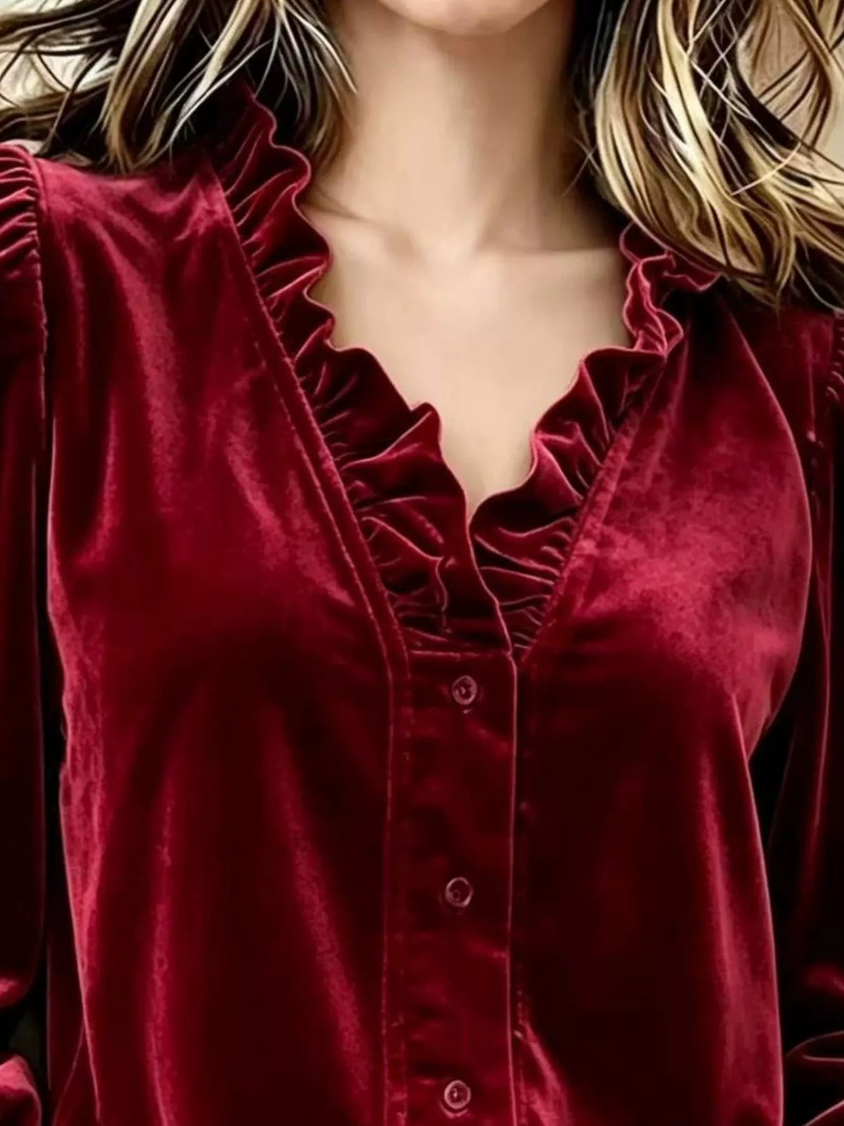 V-neck Ruffled Velvet Button Down Blouse (8)