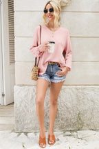 Waffle-knit V-neck Long Sleeve Top (4)