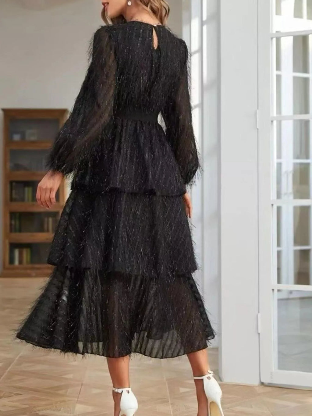 Full Size Layered Balloon Sleeve Midi Dress Plus (6)