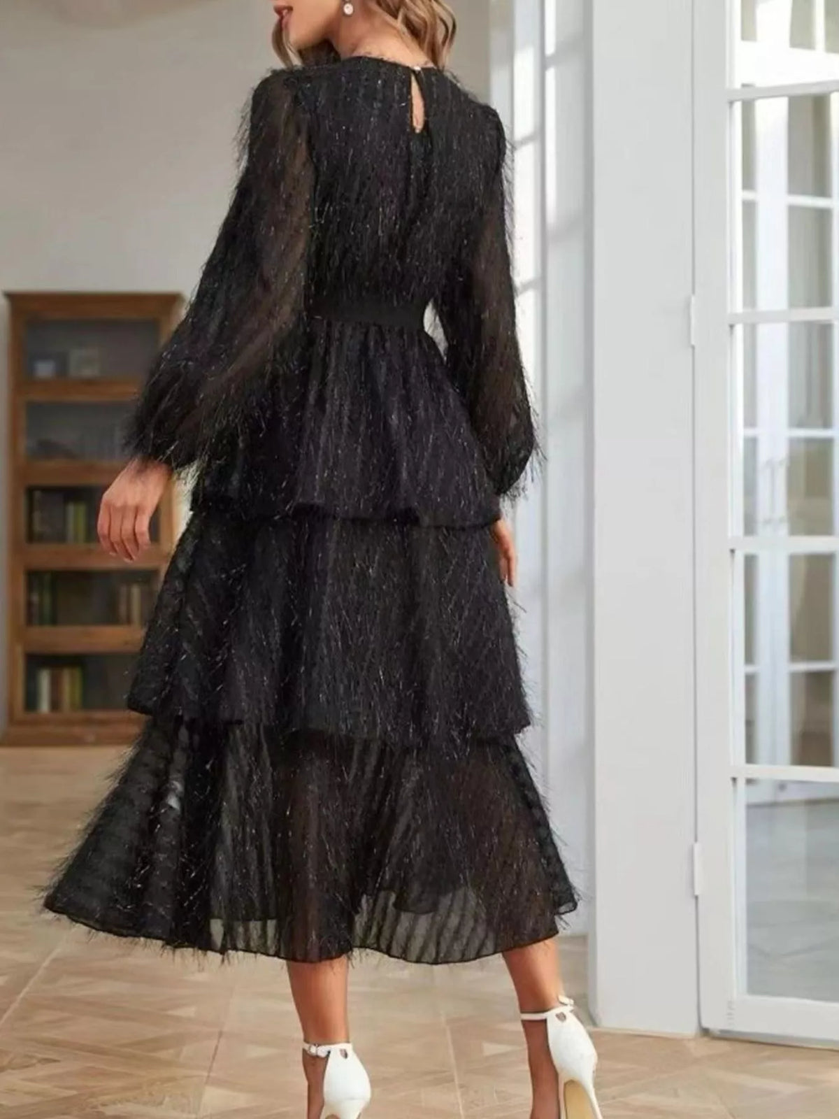 Full Size Layered Balloon Sleeve Midi Dress Plus (6)