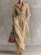 Zip-front Long Sleeve Maxi Shirt Dress