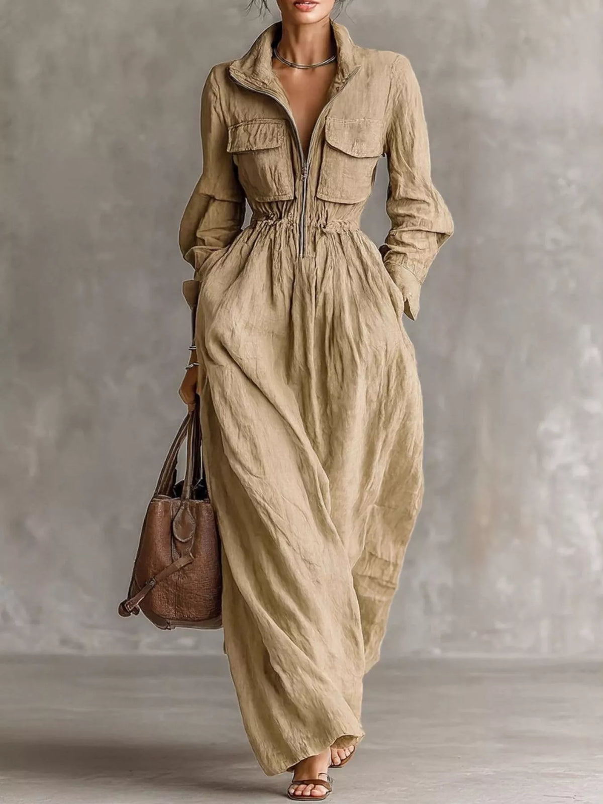 Zip-front Long Sleeve Maxi Shirt Dress