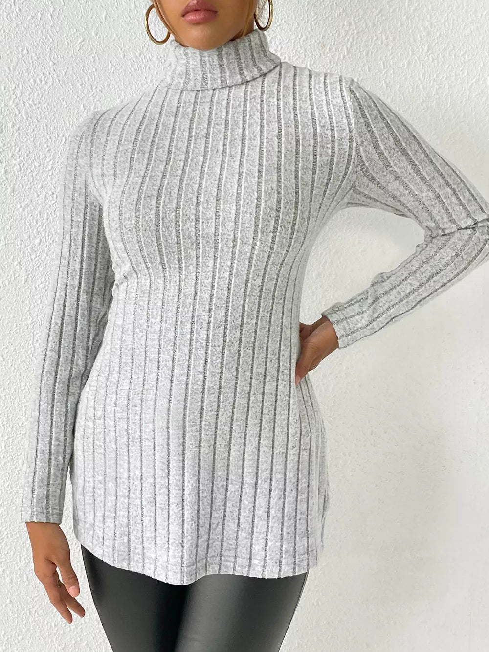 Ribbed Turtleneck Long Sleeve Slit T-shirt