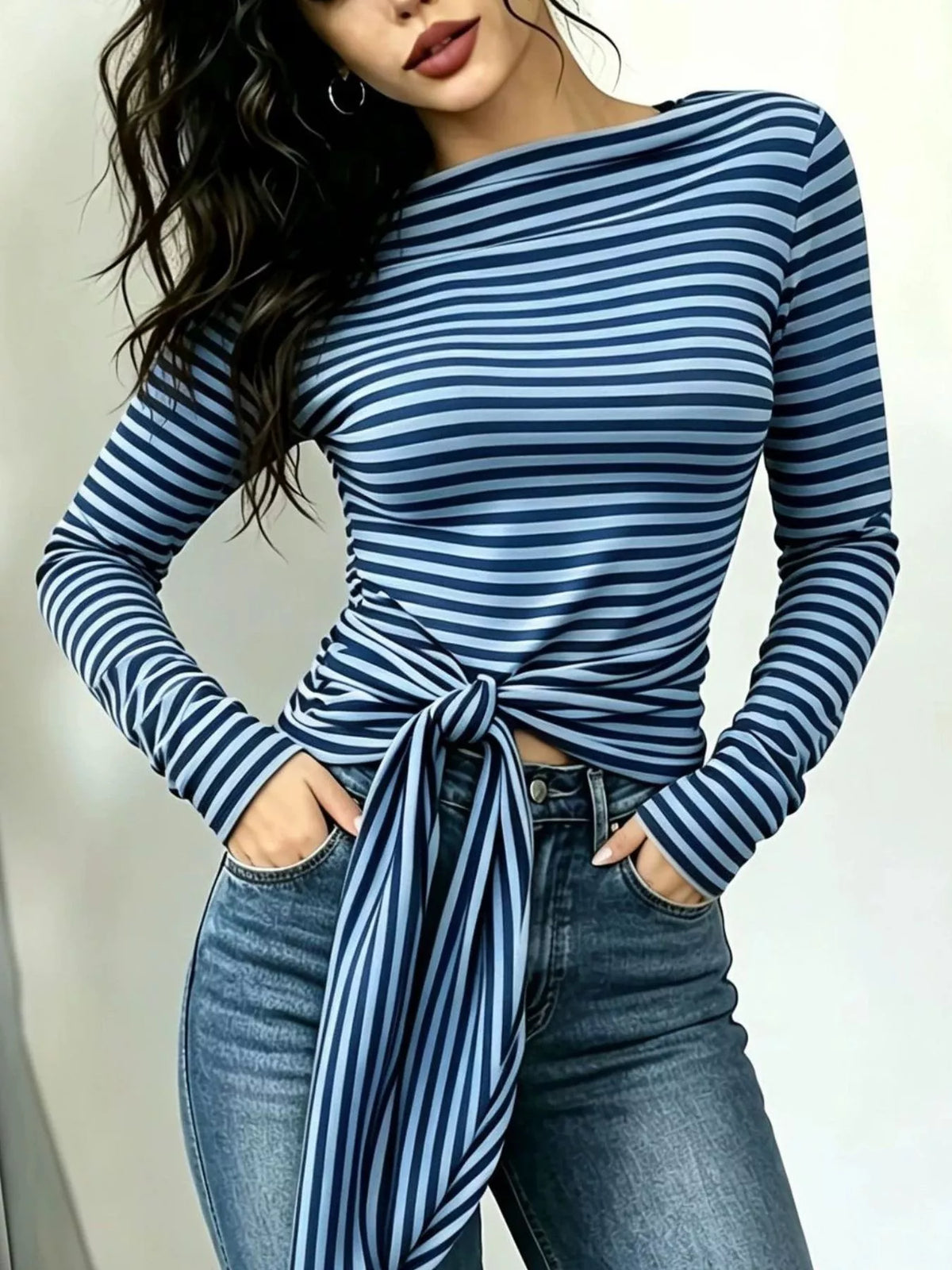 Long Sleeve Striped T-shirt Front Tie Detail (19)