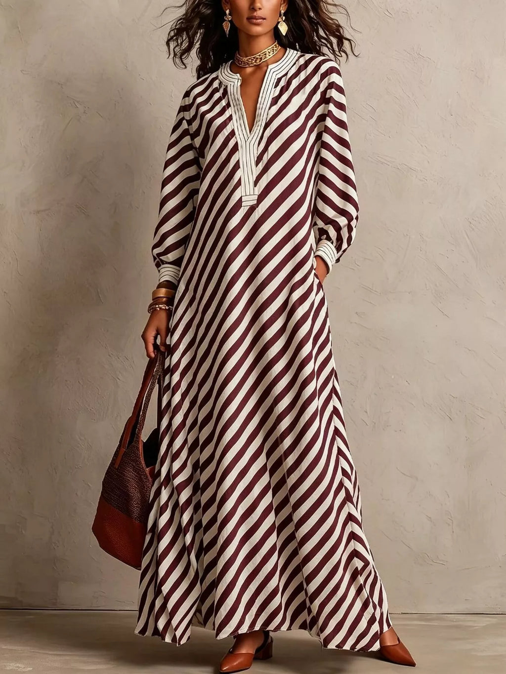 Striped Long Sleeves Maxi Dress (4)