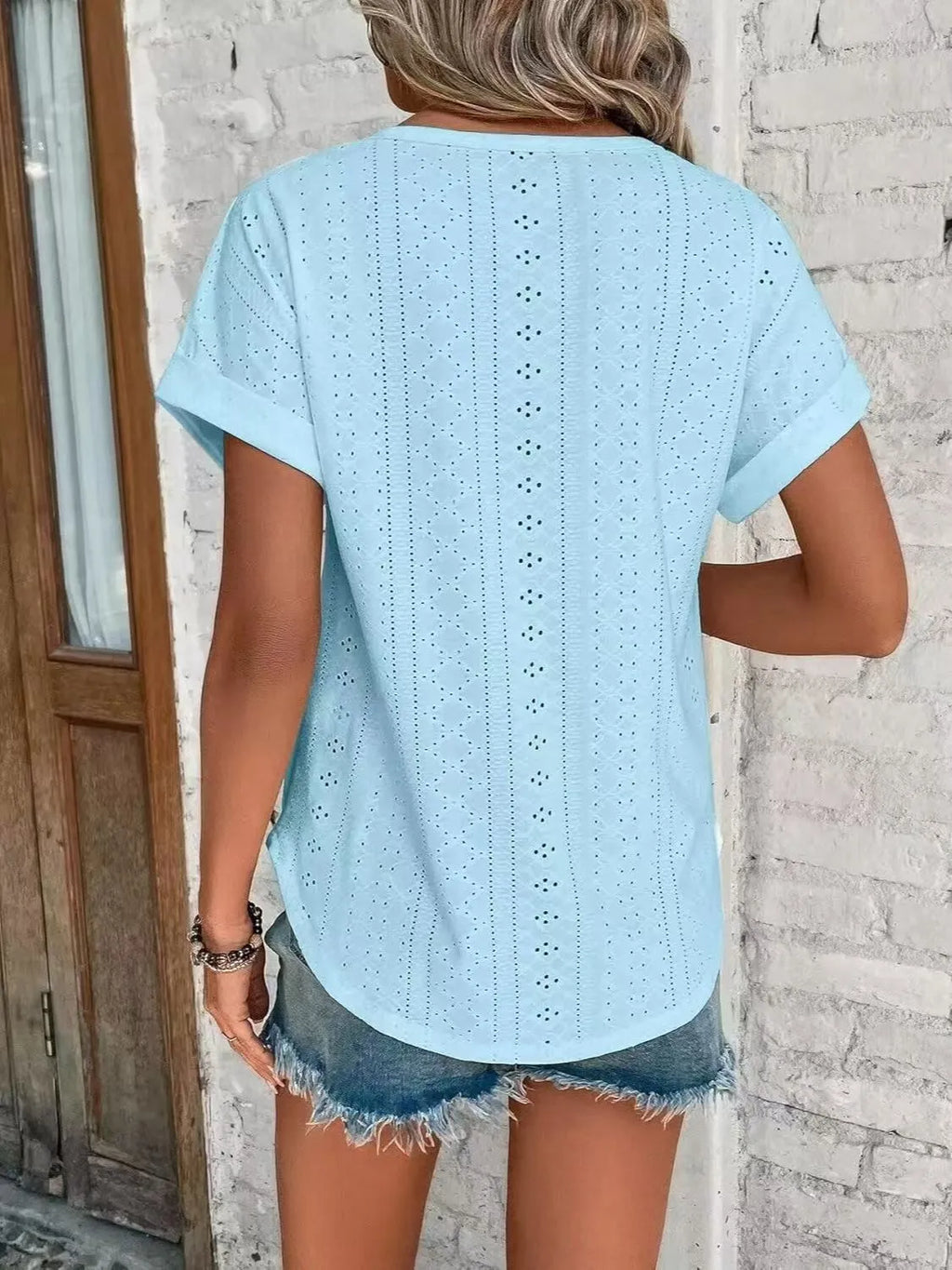 Eyelet Round Neck Short Sleeve Top (2)