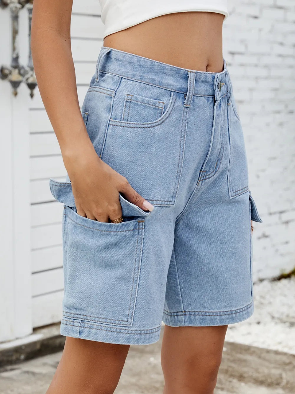 High Waist Denim Shorts Cargo Pockets (3)