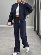 Baseball Collar Zip Up Outerwear Drawstring Pants Set (23)