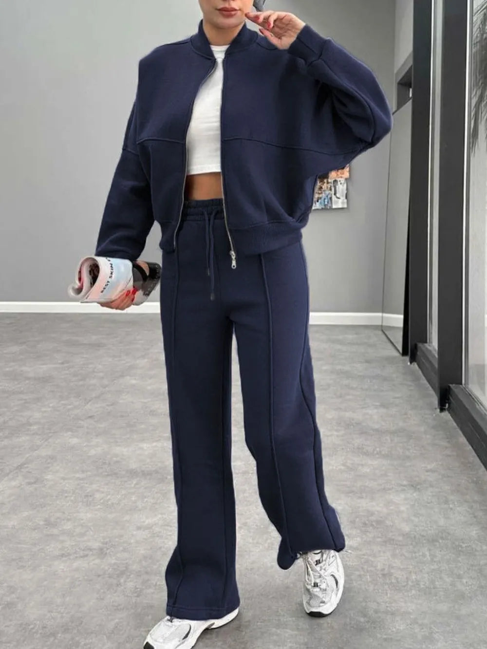 Baseball Collar Zip Up Outerwear Drawstring Pants Set (23)