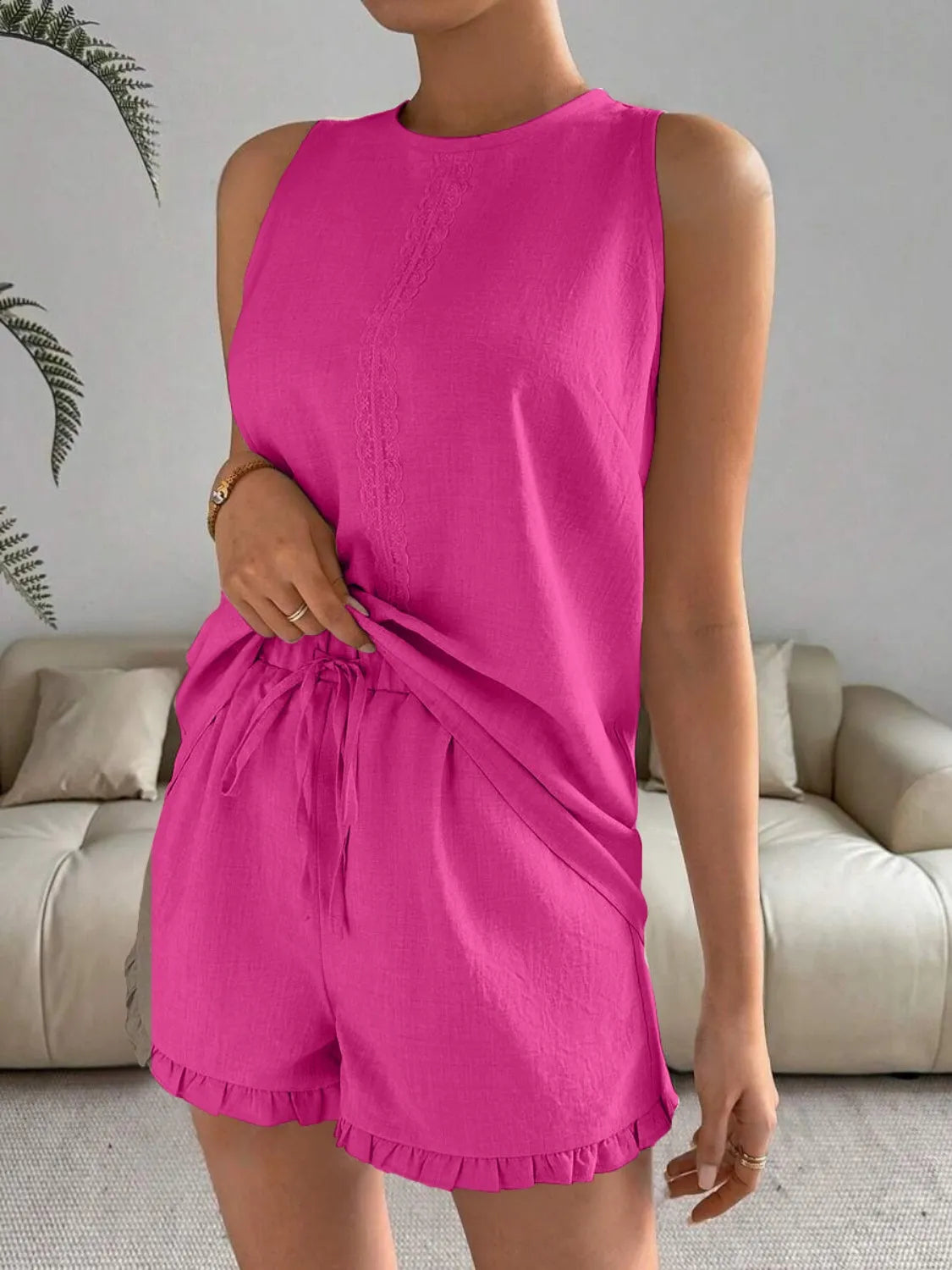 Lace Detail Round Neck Tank Shorts Set (19)