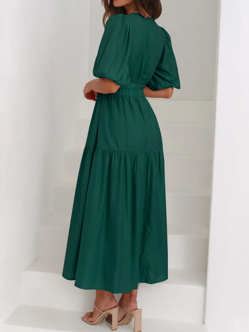 V-neck Puff Sleeve Midi Dress (23)