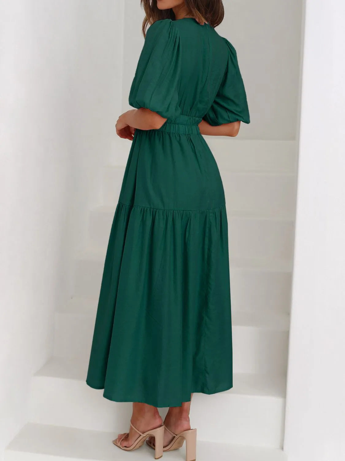 V-neck Puff Sleeve Midi Dress (23)