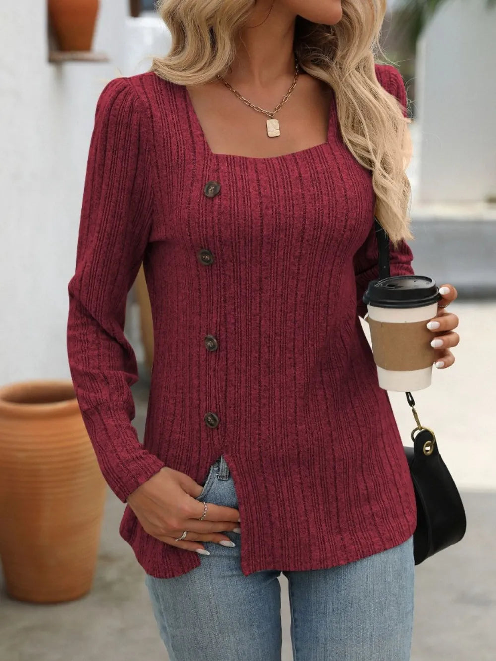 Decorative Button Striped Square Neck Long Sleeve T-shirt (8)