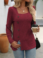 Decorative Button Striped Square Neck Long Sleeve T-shirt (8)