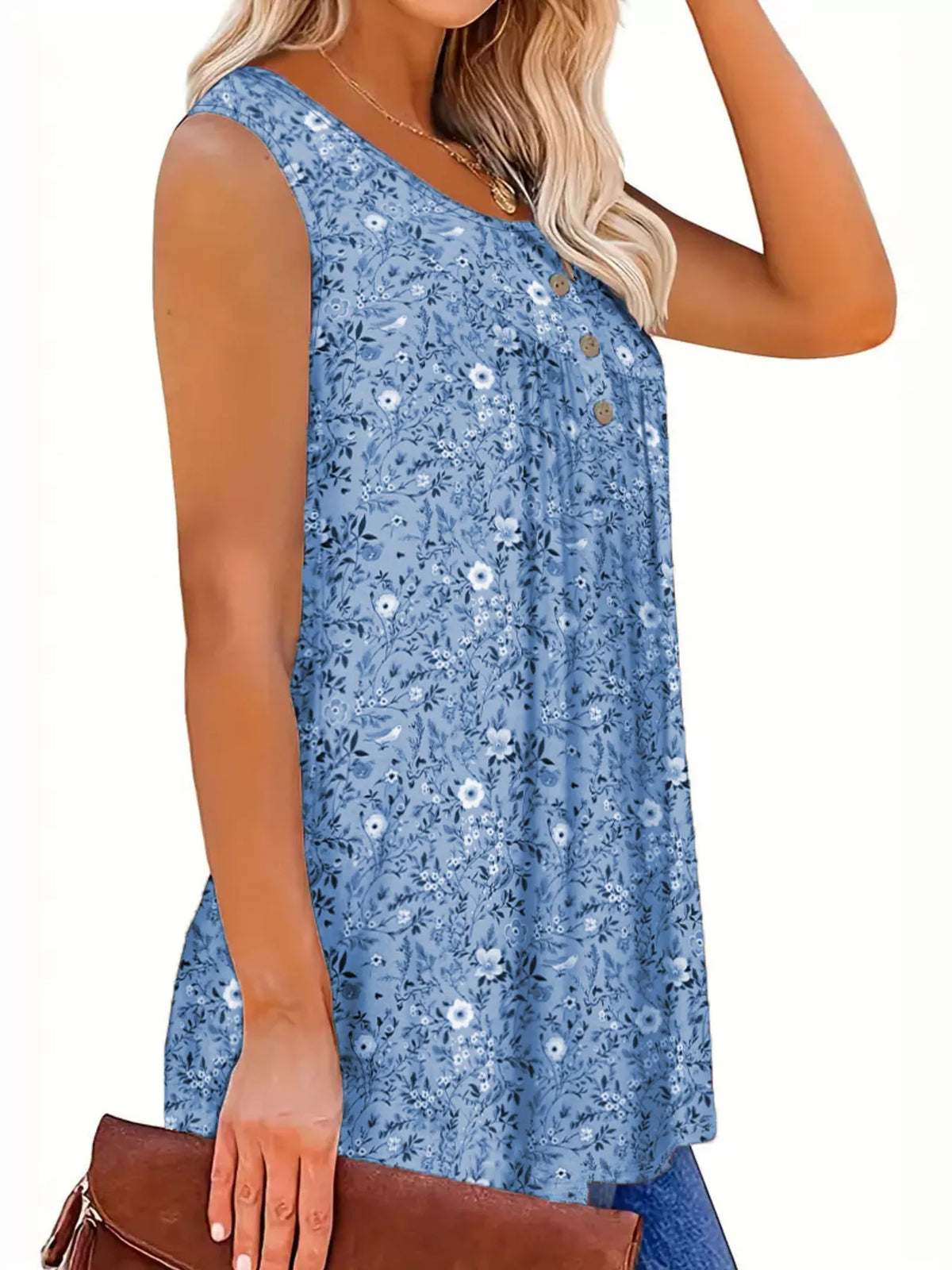 Full Size Floral Print Button Detail Tank Plus (13)