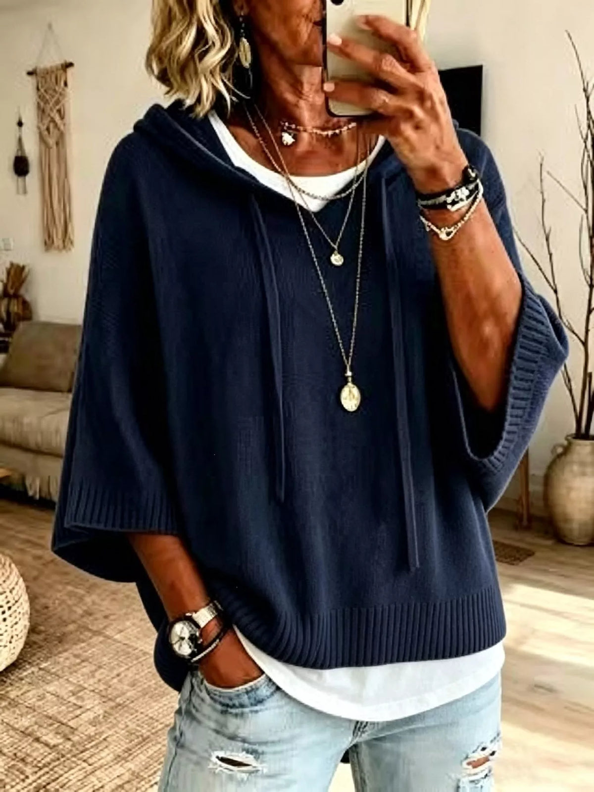 Full Size Casual Hooded Batwing Sleeve Knit Sweater Plus (10)