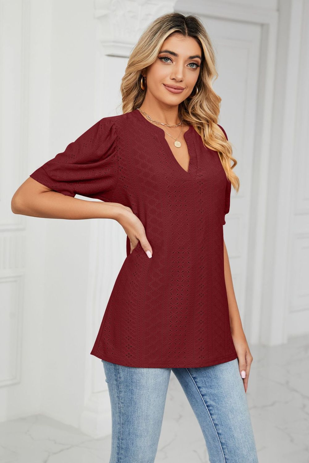 Eyelet Short Puff Sleeve Notched Neck Top (30)