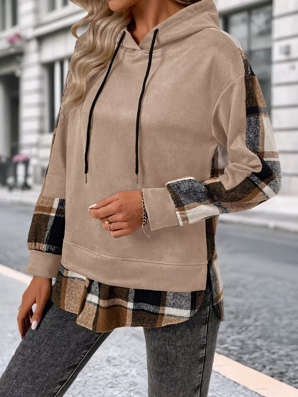 Plaid Drawstring Long Sleeve Hoodie (21)