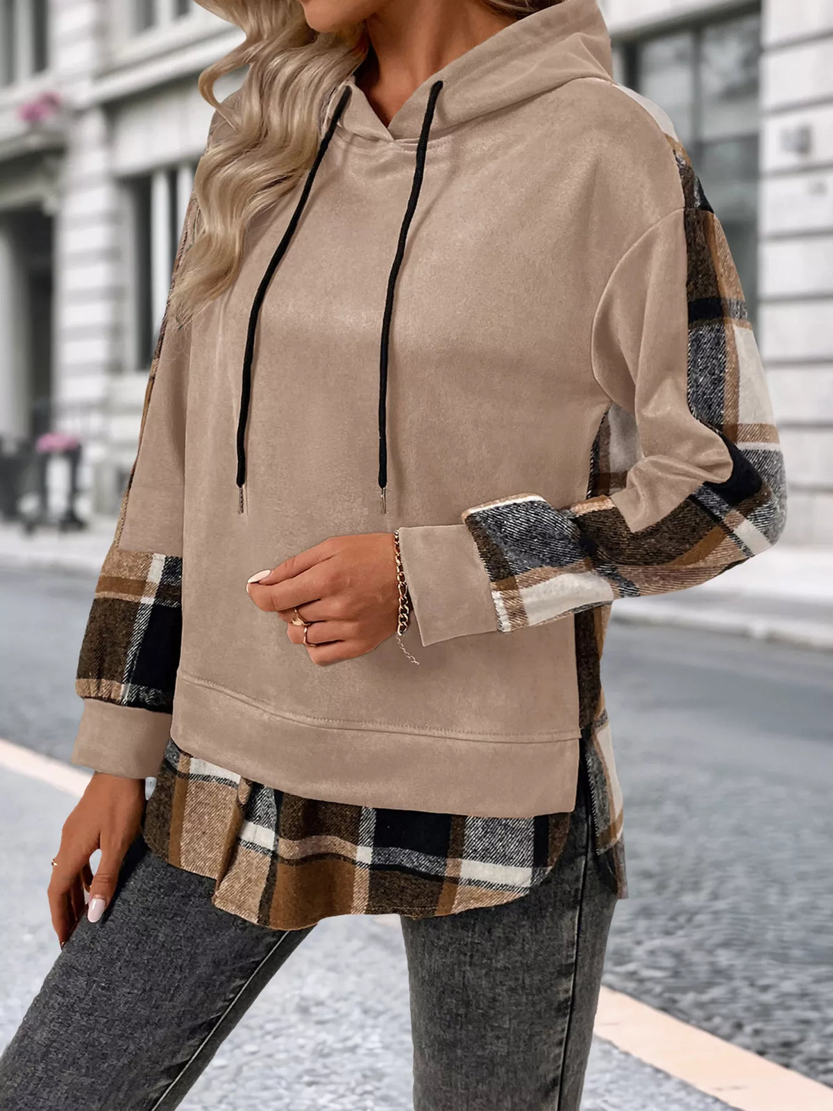 Plaid Drawstring Long Sleeve Hoodie (21)