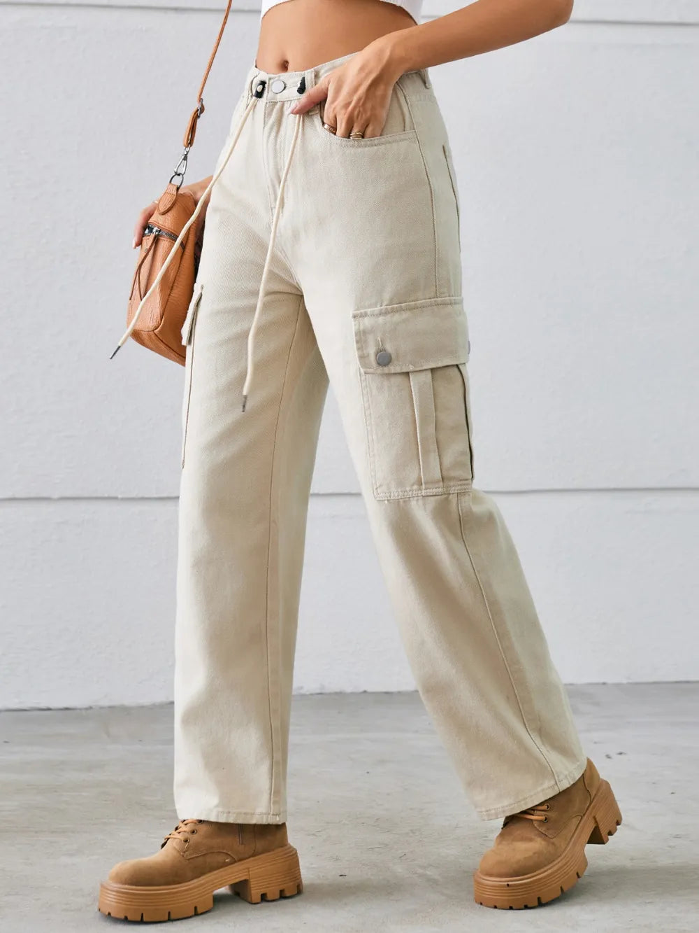 Drawstring Mid-rise Waist Straight Cargo Jeans (14)