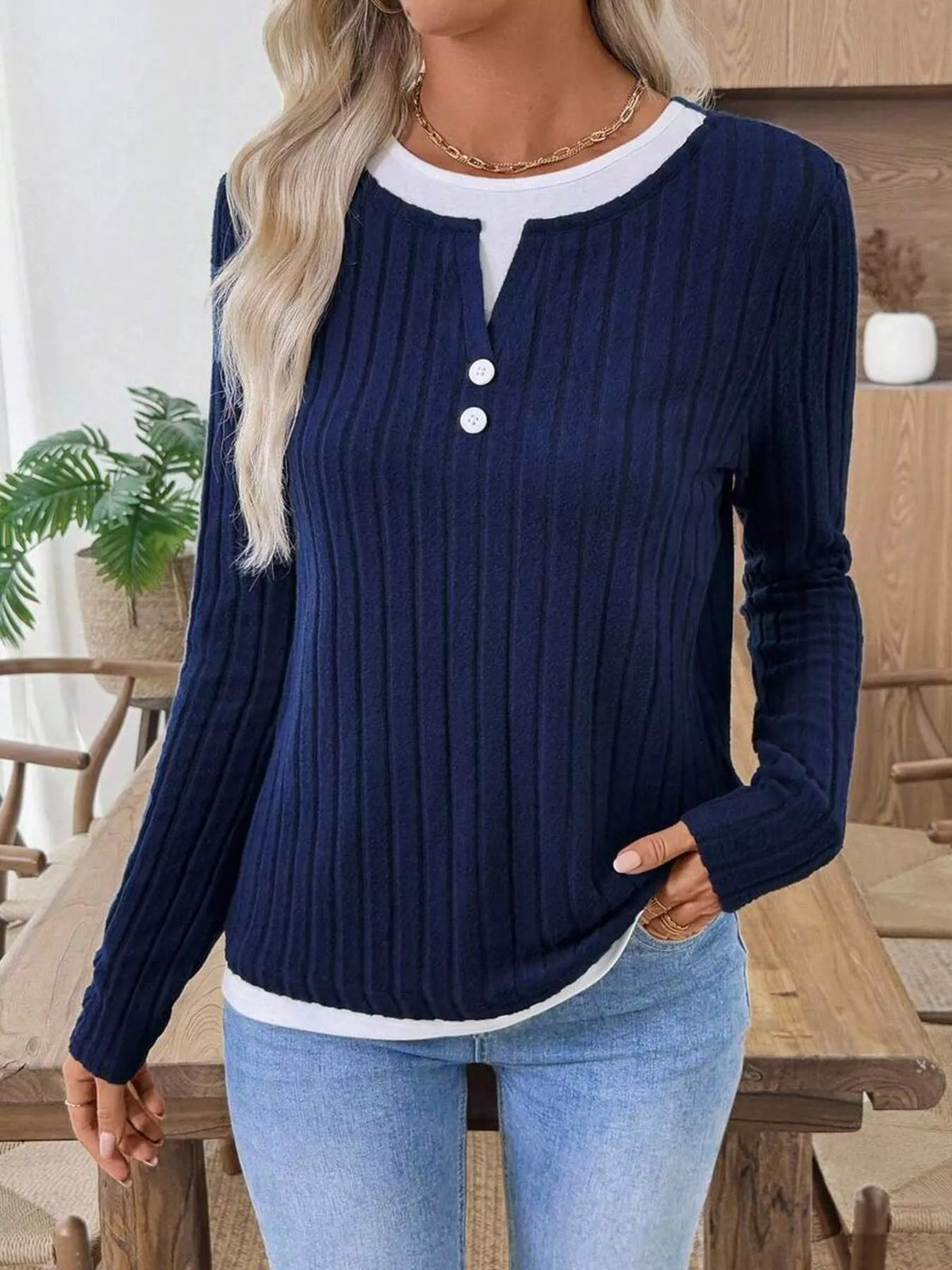 Ribbed Knit Button Detail Contrast Sweater (10)