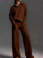 Polo Collar Top Wide-leg Pants Set (39)