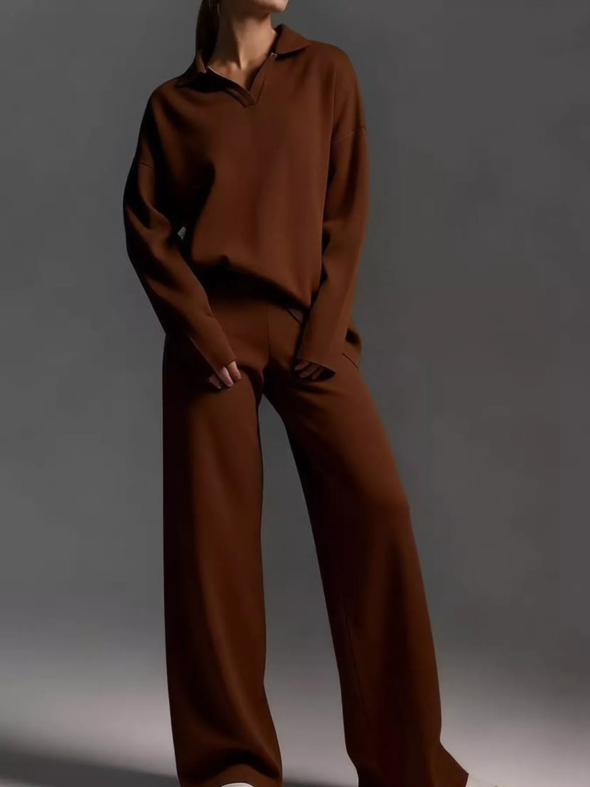 Polo Collar Top Wide-leg Pants Set (39)