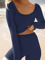 Scoop Neck Long Sleeve Top Shorts Set (28)