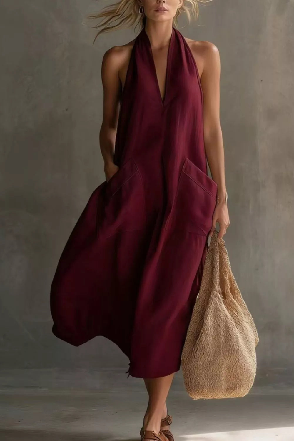 Casual Halter Neck Pocket Midi Dress (18)
