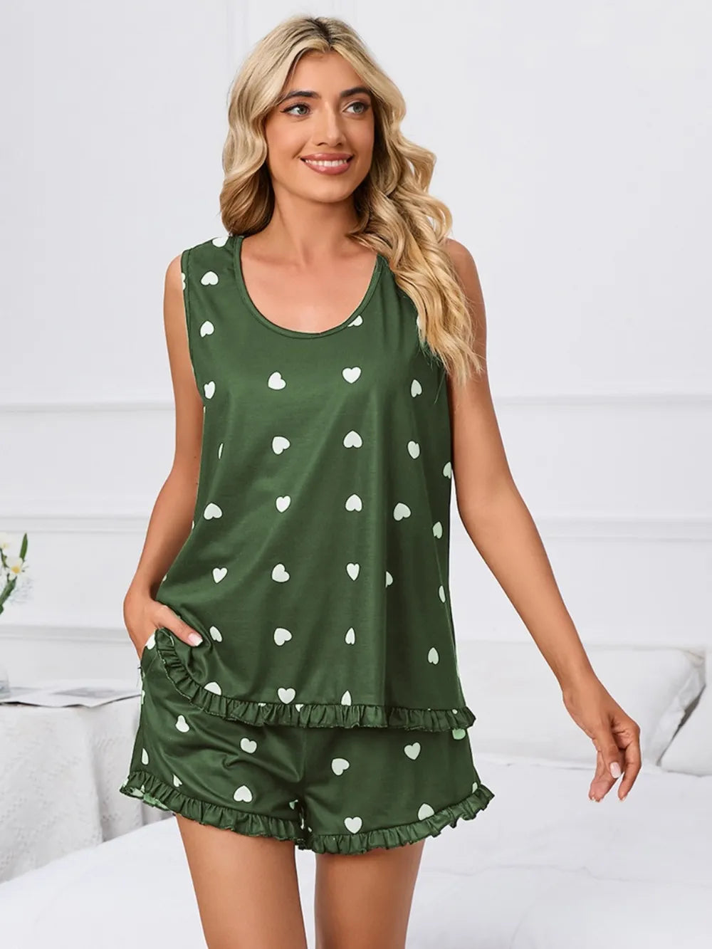 Heart Scoop Neck Tank Shorts Lounge Set (13)
