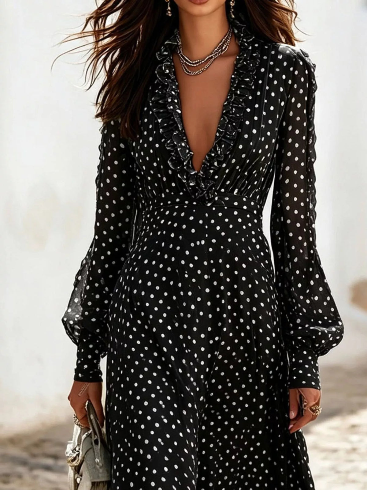 Full Size Polka Dot Ruffle V-neck Maxi Dress Plus (14)