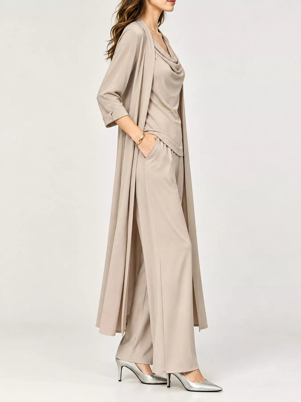 Full Size Cowl Neck Top Cardigan Pants Set Plus (2)