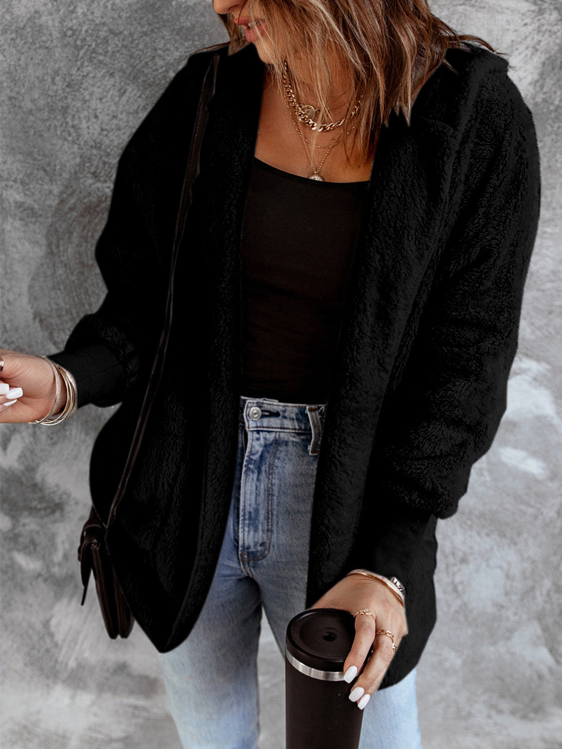 Open Front Hooded Faux Fur Outwear Pockets (5)