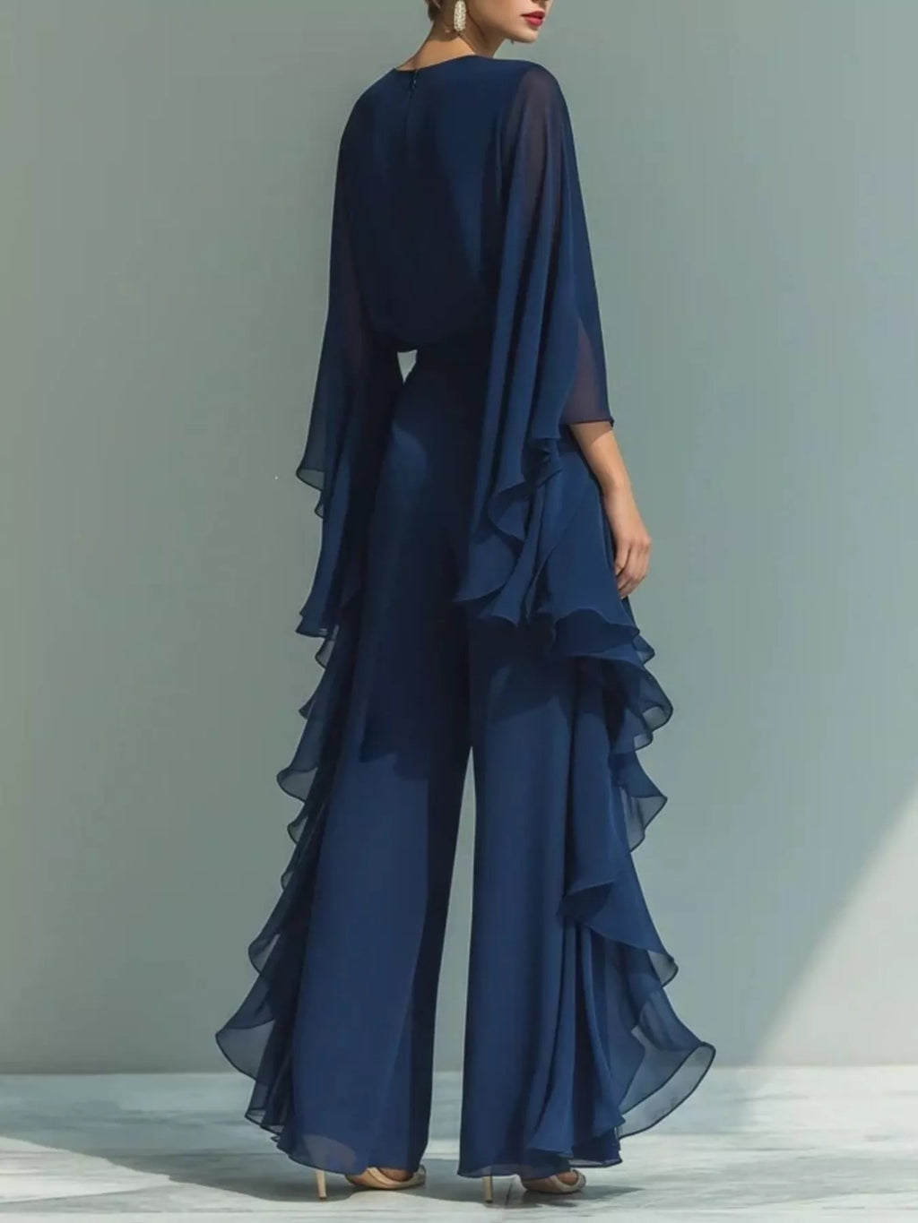 Ruffled Chiffon Long Sleeve Top Pants Set (2)