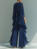 Ruffled Chiffon Long Sleeve Top Pants Set (2)