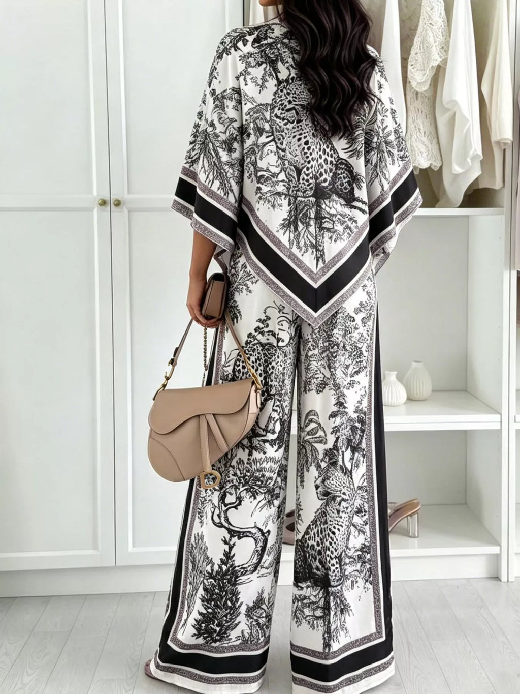 Asymmetrical Printed Top Wide-leg Pants Set (6)