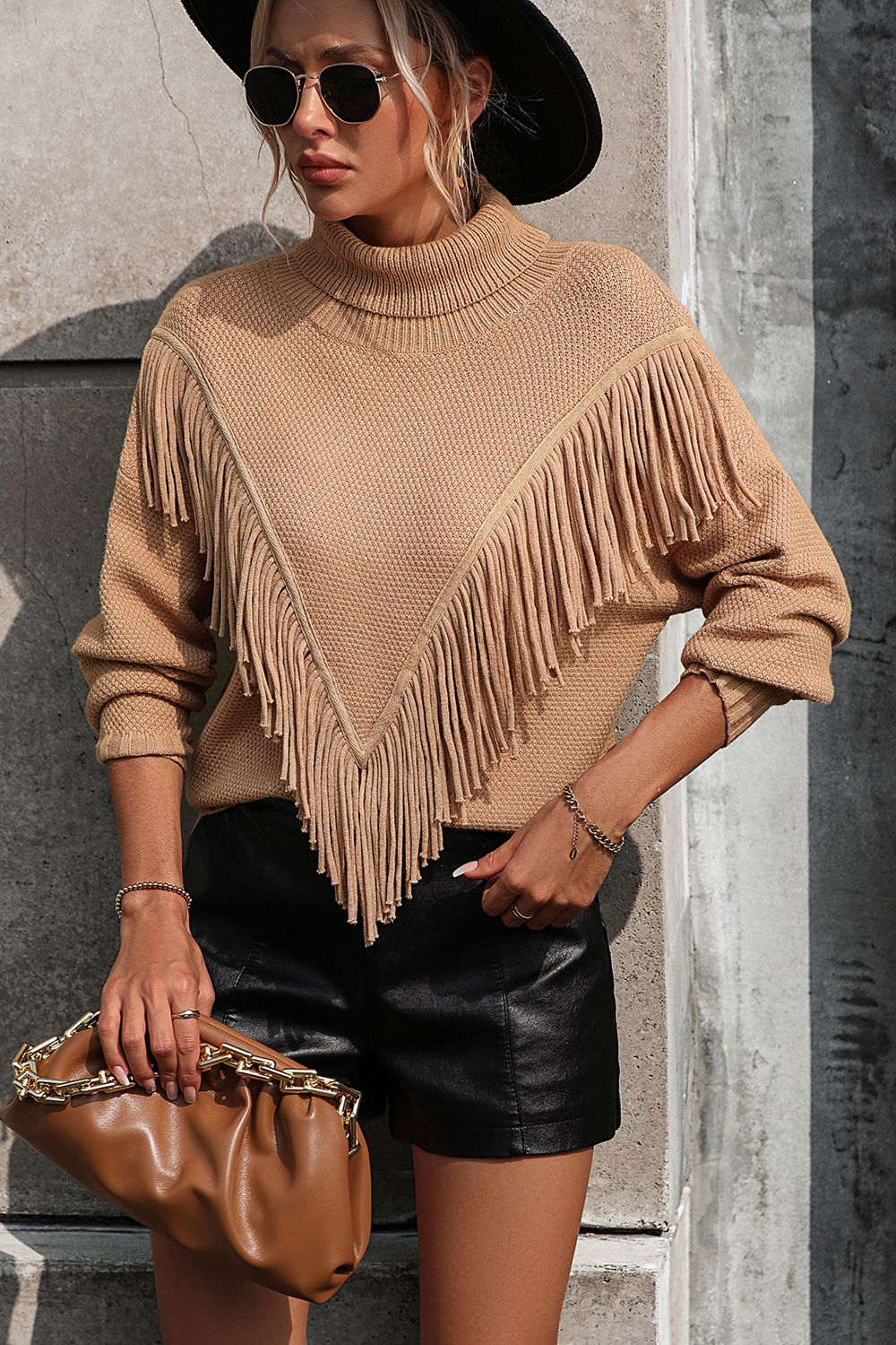 Turtle Neck Tassel Front Long Sleeve Pullover Sweater (10)