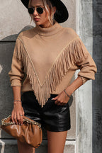Turtle Neck Tassel Front Long Sleeve Pullover Sweater (10)