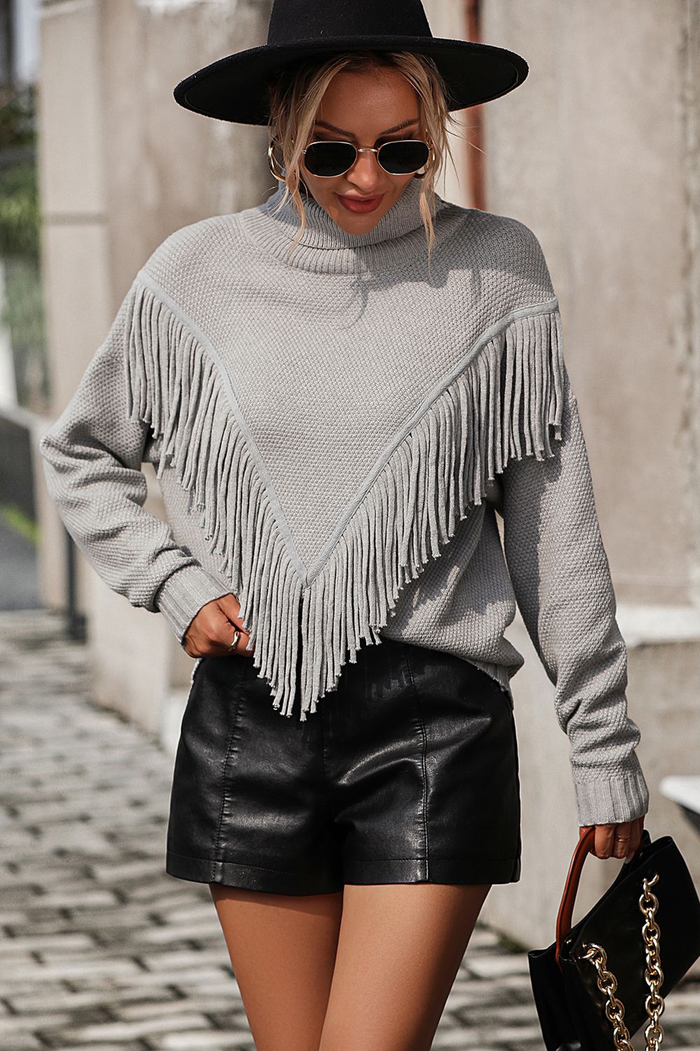 Turtle Neck Tassel Front Long Sleeve Pullover Sweater (16)